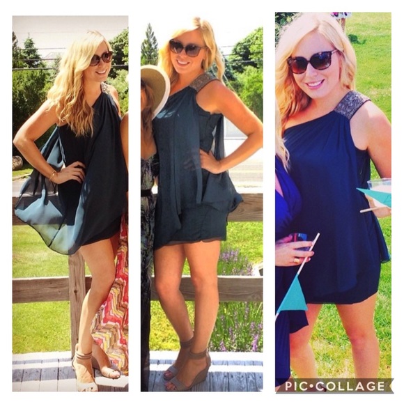 Calvin Klein Teal Silver Beaded 1 Shoulder Dress - Picture 2 of 11